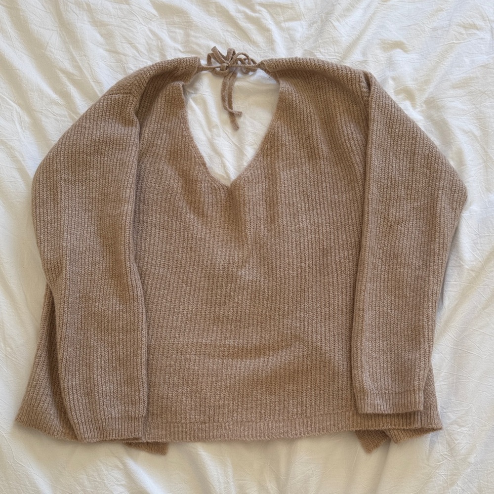 Lulu's Tan V-Neck Open Back Sweater